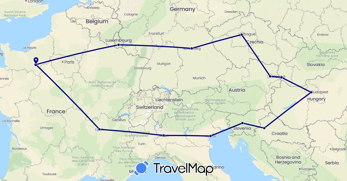 TravelMap itinerary: driving in Austria, Czech Republic, Germany, France, Croatia, Hungary, Italy, Luxembourg, Slovenia, Slovakia (Europe)